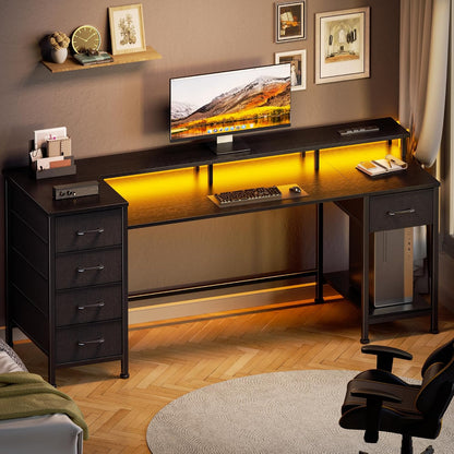 47 Inch Gaming Computer Desk with Power Outlets,LED,5 Drawers,Black