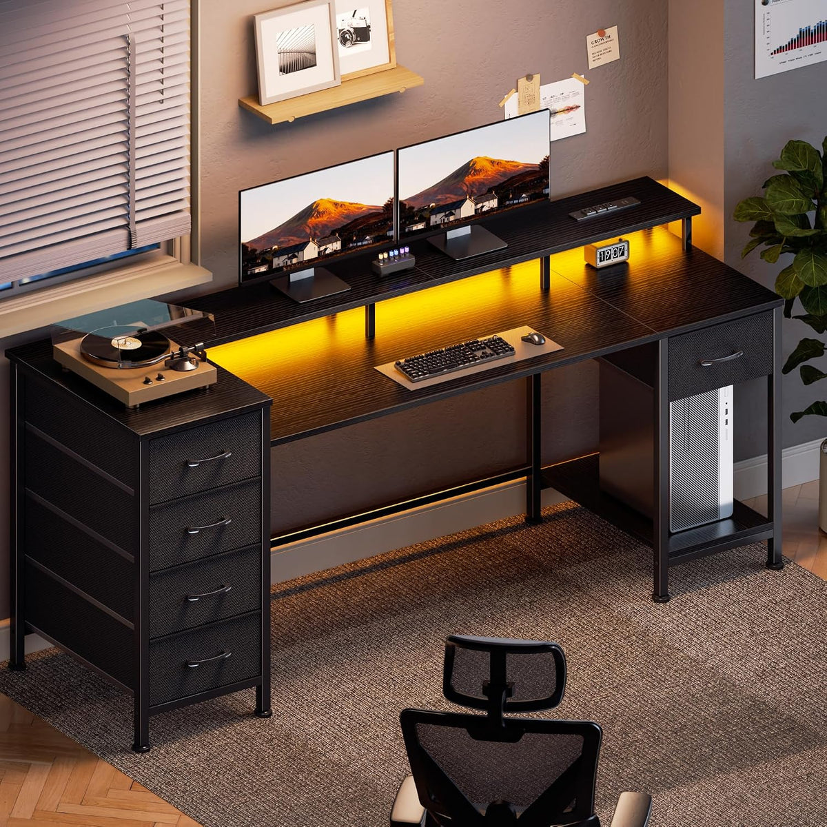 47 Inch Gaming Computer Desk with Power Outlets,LED,5 Drawers,Black