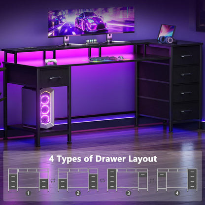 47 Inch Gaming Computer Desk with Power Outlets,LED,5 Drawers,Black