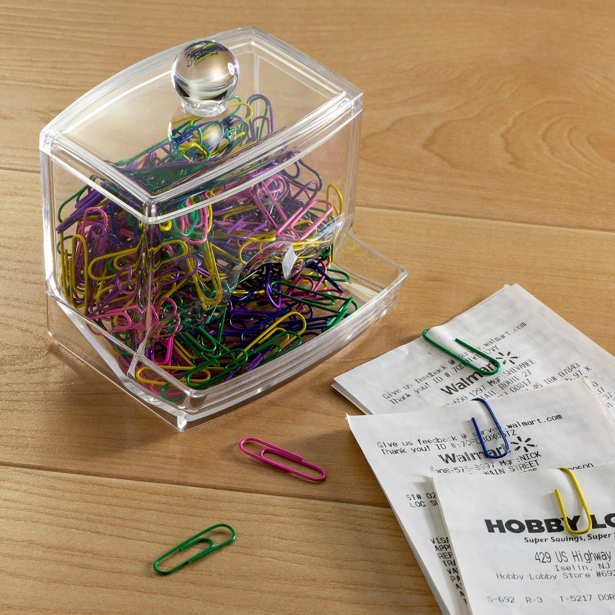 Self-Dispensing Paper Clip Holder with 250 Assorted Color Paper Clips, Clear Desk Organizer for Office Accessories, Office Supplies and Classroom Organization
