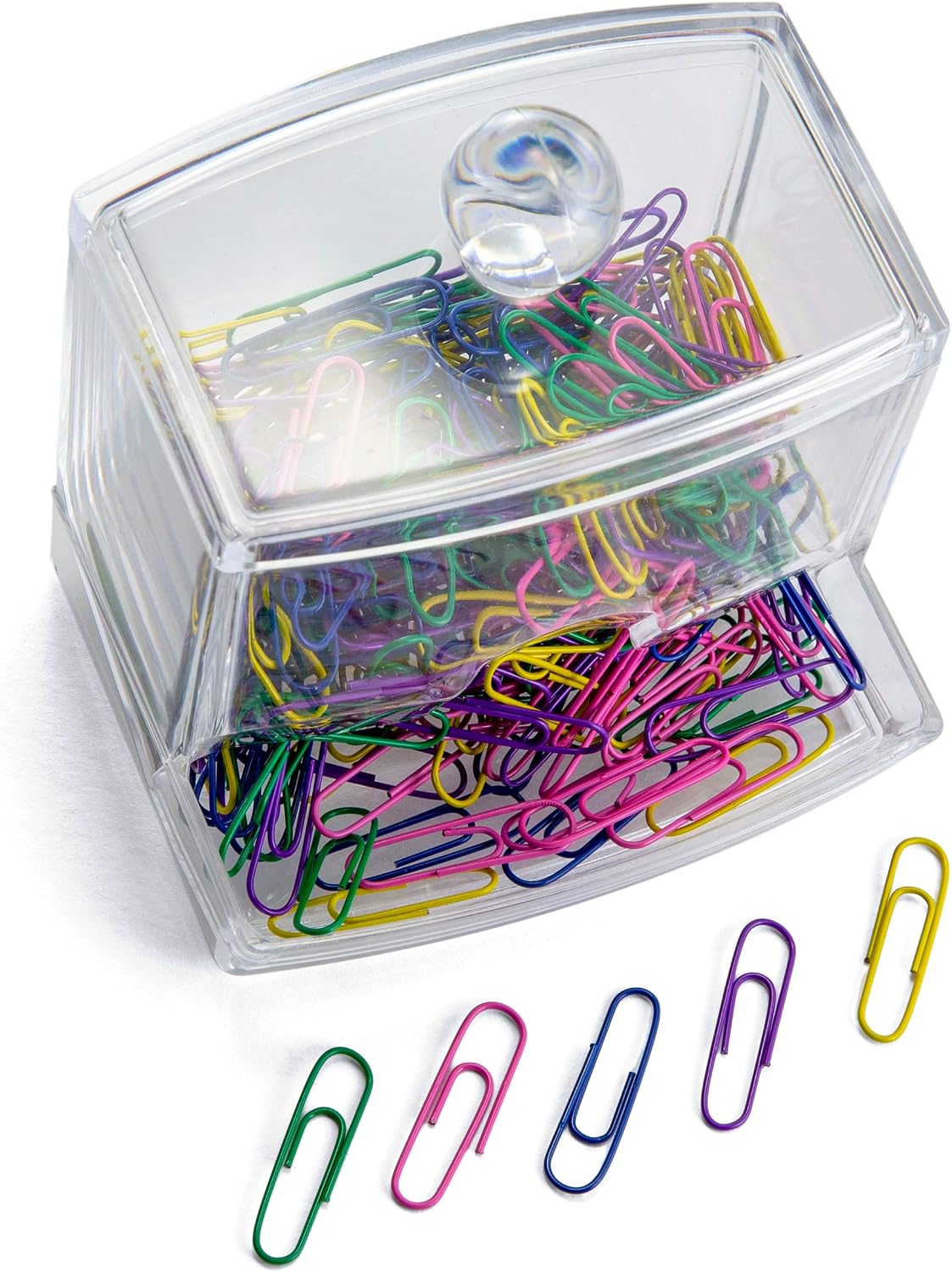 Self-Dispensing Paper Clip Holder with 250 Assorted Color Paper Clips, Clear Desk Organizer for Office Accessories, Office Supplies and Classroom Organization