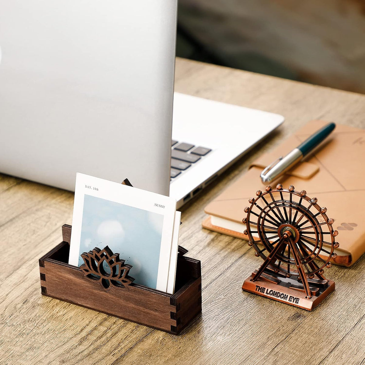 2 Pack Lotus Flower Business Card Holder, Wooden Decorative Business Card Holders for Desk Postcard Organizer Display Stand for Office Desktop(Dark Brown)
