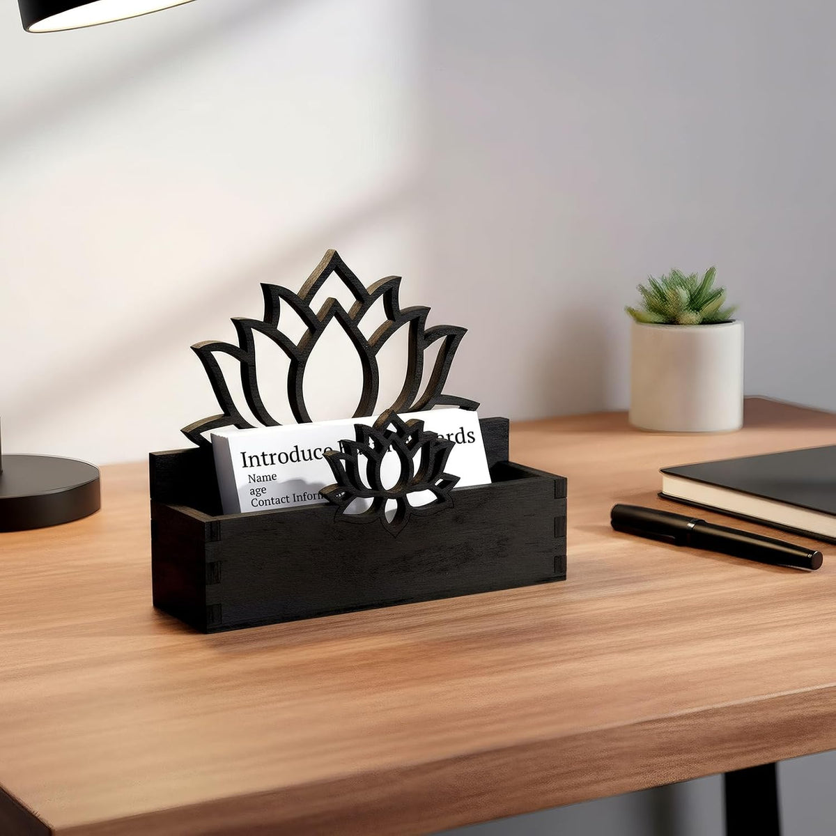 2 Pack Lotus Flower Business Card Holder, Wooden Decorative Business Card Holders for Desk Postcard Organizer Display Stand for Office Desktop(Dark Brown)