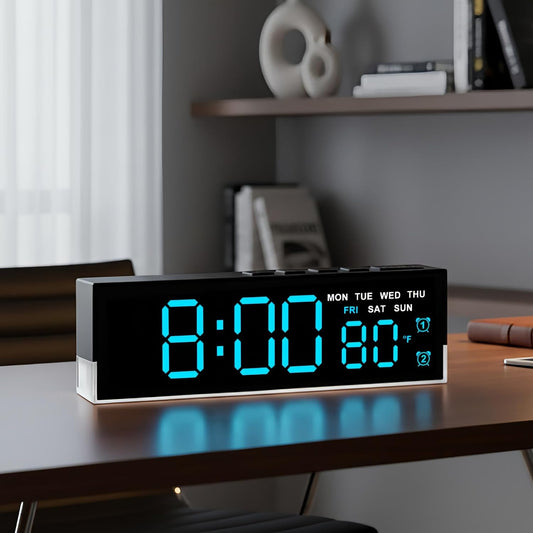 7-Inch LED Digital Alarm Clock with Bottom Glow Light｜Displays Time, Date, Day, Temperature｜Dual Alarms, DST, Auto/Manual 3-Level Brightness, Battery or USB Powered Desk Clock,Blue