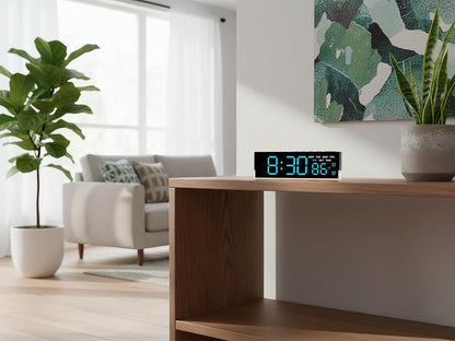 7-Inch LED Digital Alarm Clock with Bottom Glow Light｜Displays Time, Date, Day, Temperature｜Dual Alarms, DST, Auto/Manual 3-Level Brightness, Battery or USB Powered Desk Clock,Blue