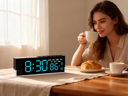 7-Inch LED Digital Alarm Clock with Bottom Glow Light｜Displays Time, Date, Day, Temperature｜Dual Alarms, DST, Auto/Manual 3-Level Brightness, Battery or USB Powered Desk Clock,Blue
