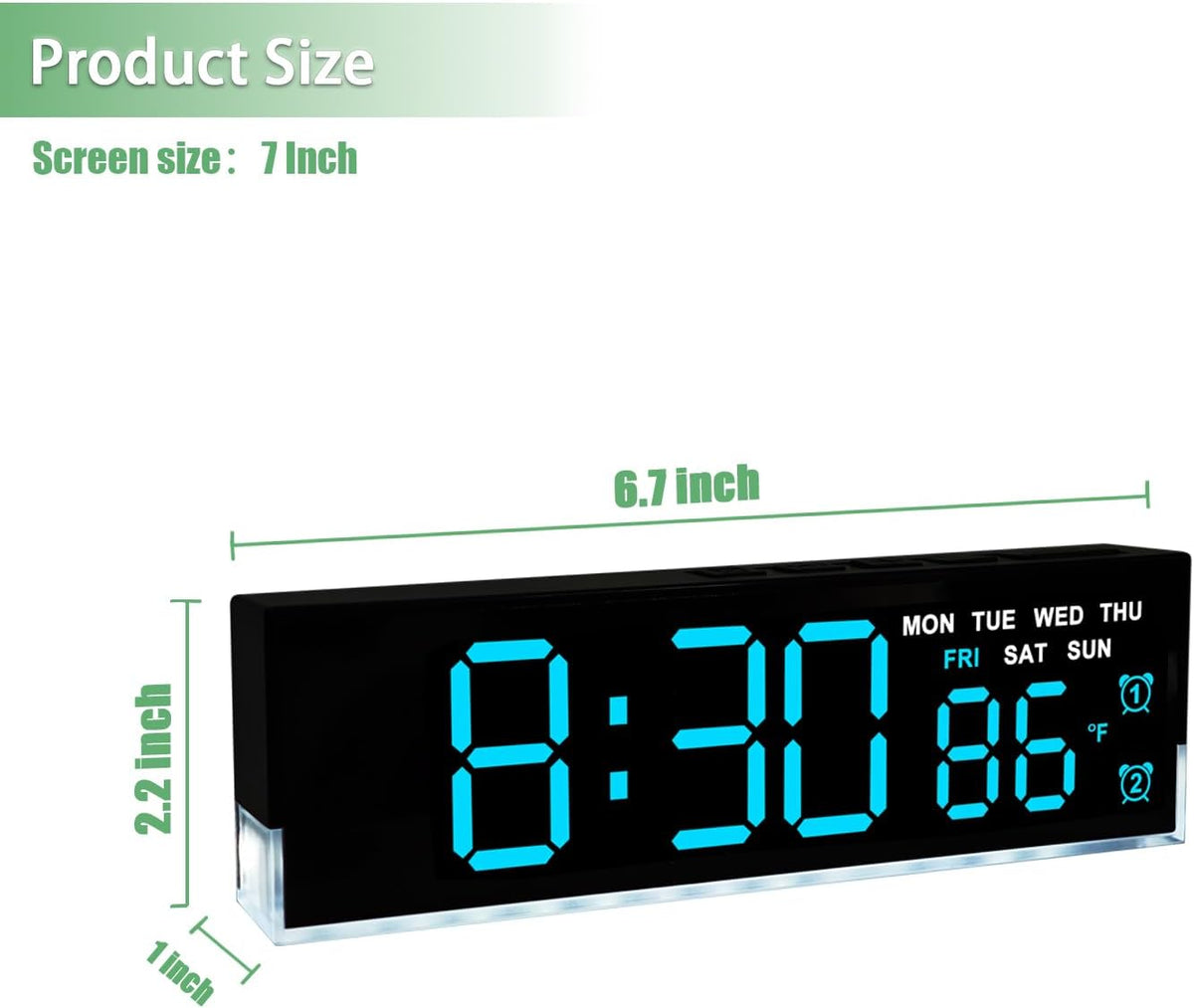 7-Inch LED Digital Alarm Clock with Bottom Glow Light｜Displays Time, Date, Day, Temperature｜Dual Alarms, DST, Auto/Manual 3-Level Brightness, Battery or USB Powered Desk Clock,Blue