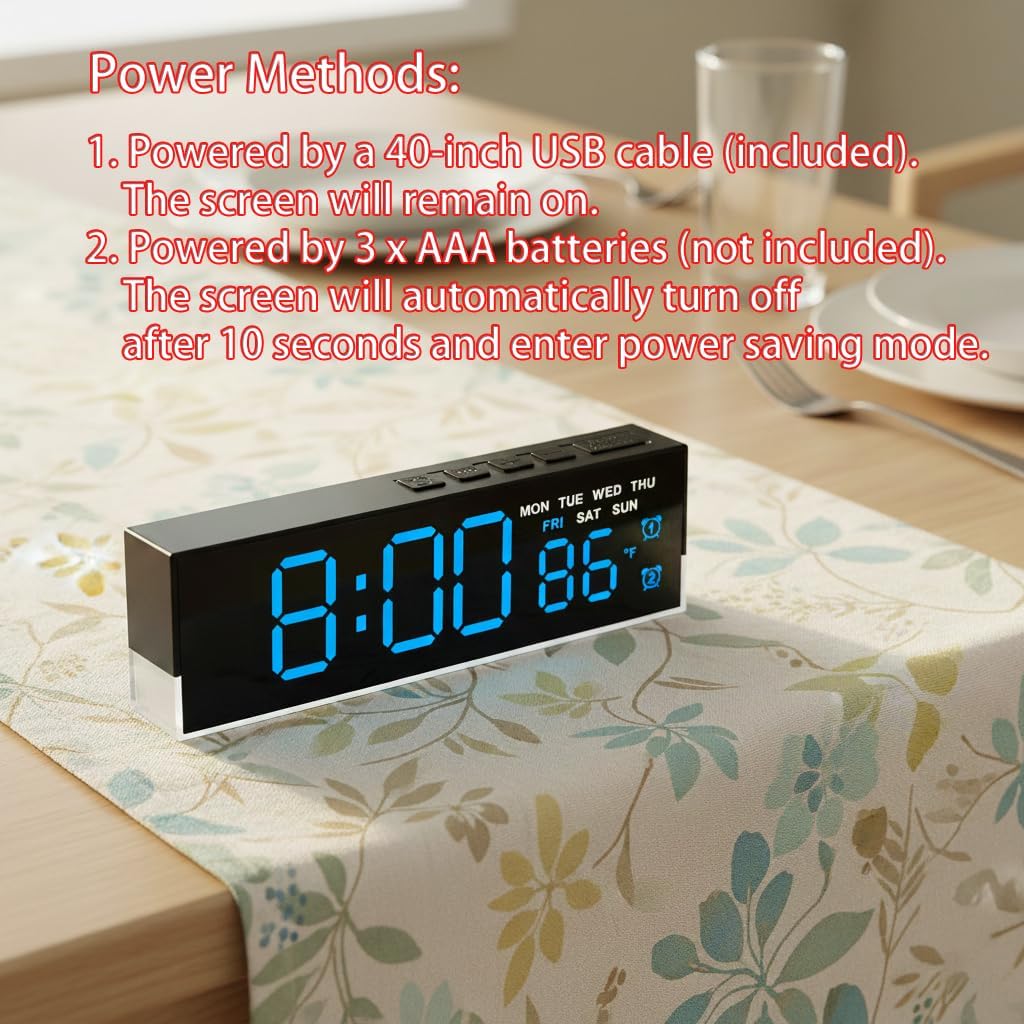 7-Inch LED Digital Alarm Clock with Bottom Glow Light｜Displays Time, Date, Day, Temperature｜Dual Alarms, DST, Auto/Manual 3-Level Brightness, Battery or USB Powered Desk Clock,Blue