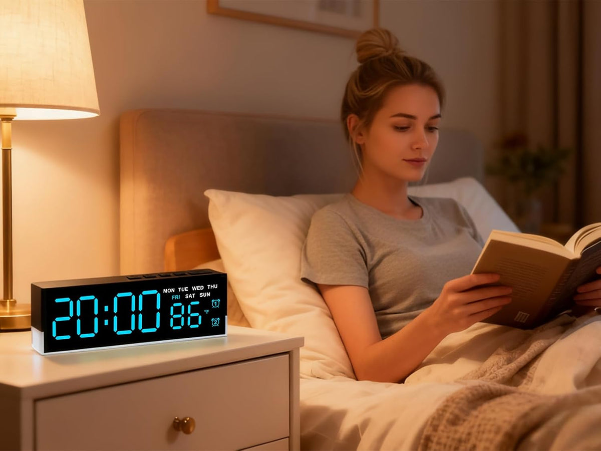 7-Inch LED Digital Alarm Clock with Bottom Glow Light｜Displays Time, Date, Day, Temperature｜Dual Alarms, DST, Auto/Manual 3-Level Brightness, Battery or USB Powered Desk Clock,Blue