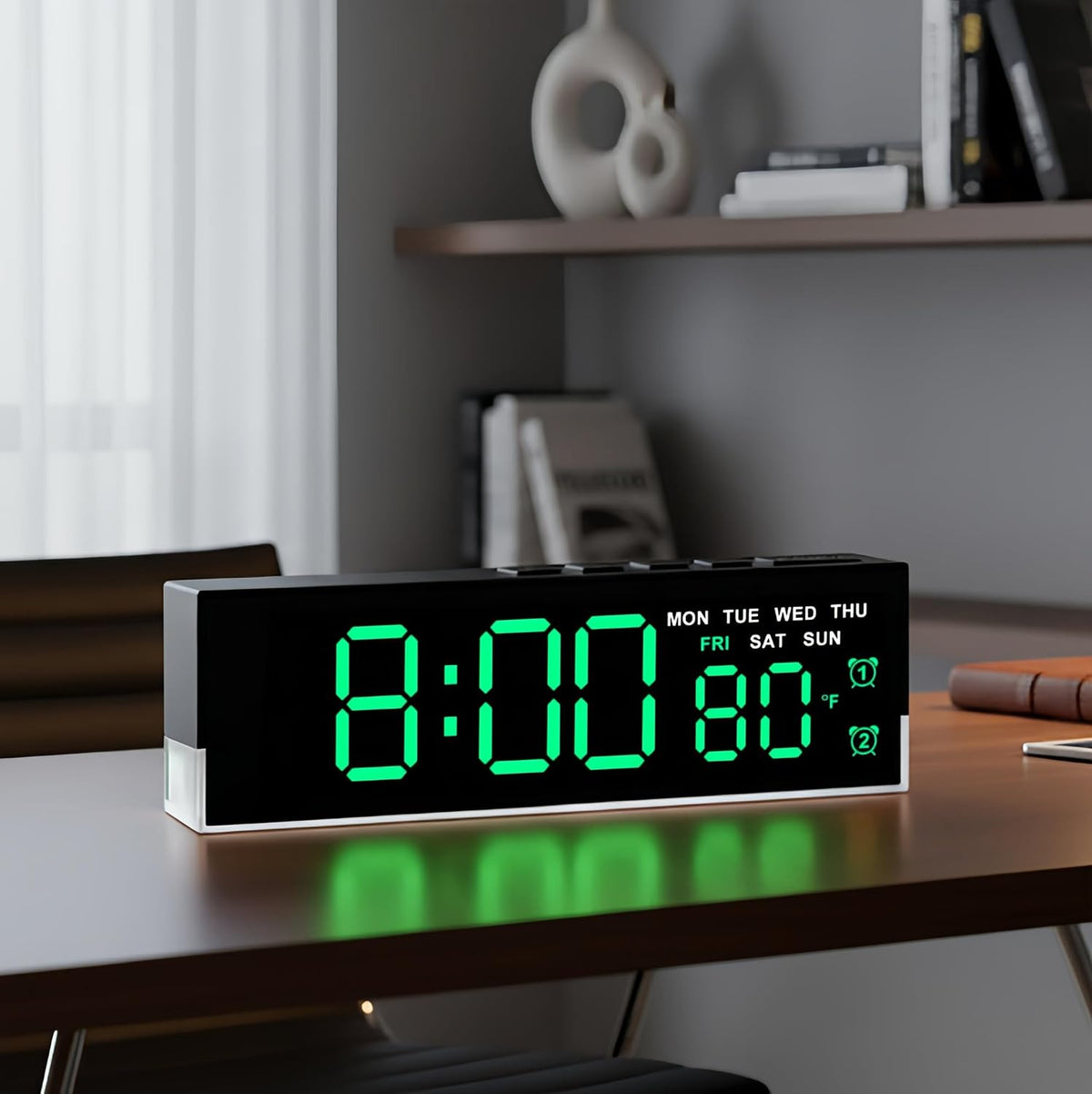 7-Inch LED Digital Alarm Clock with Bottom Glow Light｜Displays Time, Date, Day, Temperature｜Dual Alarms, DST, Auto/Manual 3-Level Brightness, Battery or USB Powered Desk Clock,Blue