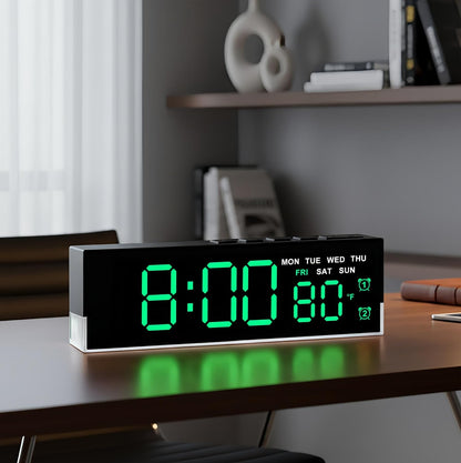 7-Inch LED Digital Alarm Clock with Bottom Glow Light｜Displays Time, Date, Day, Temperature｜Dual Alarms, DST, Auto/Manual 3-Level Brightness, Battery or USB Powered Desk Clock,Blue