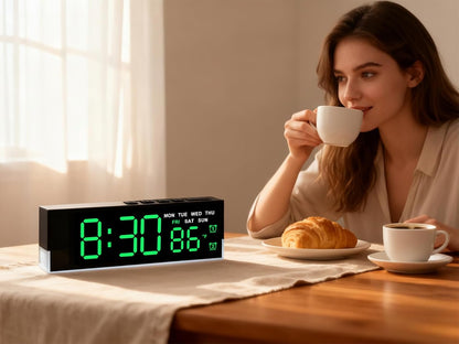 7-Inch LED Digital Alarm Clock with Bottom Glow Light｜Displays Time, Date, Day, Temperature｜Dual Alarms, DST, Auto/Manual 3-Level Brightness, Battery or USB Powered Desk Clock,Blue