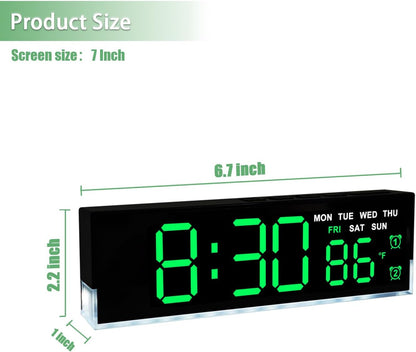 7-Inch LED Digital Alarm Clock with Bottom Glow Light｜Displays Time, Date, Day, Temperature｜Dual Alarms, DST, Auto/Manual 3-Level Brightness, Battery or USB Powered Desk Clock,Blue