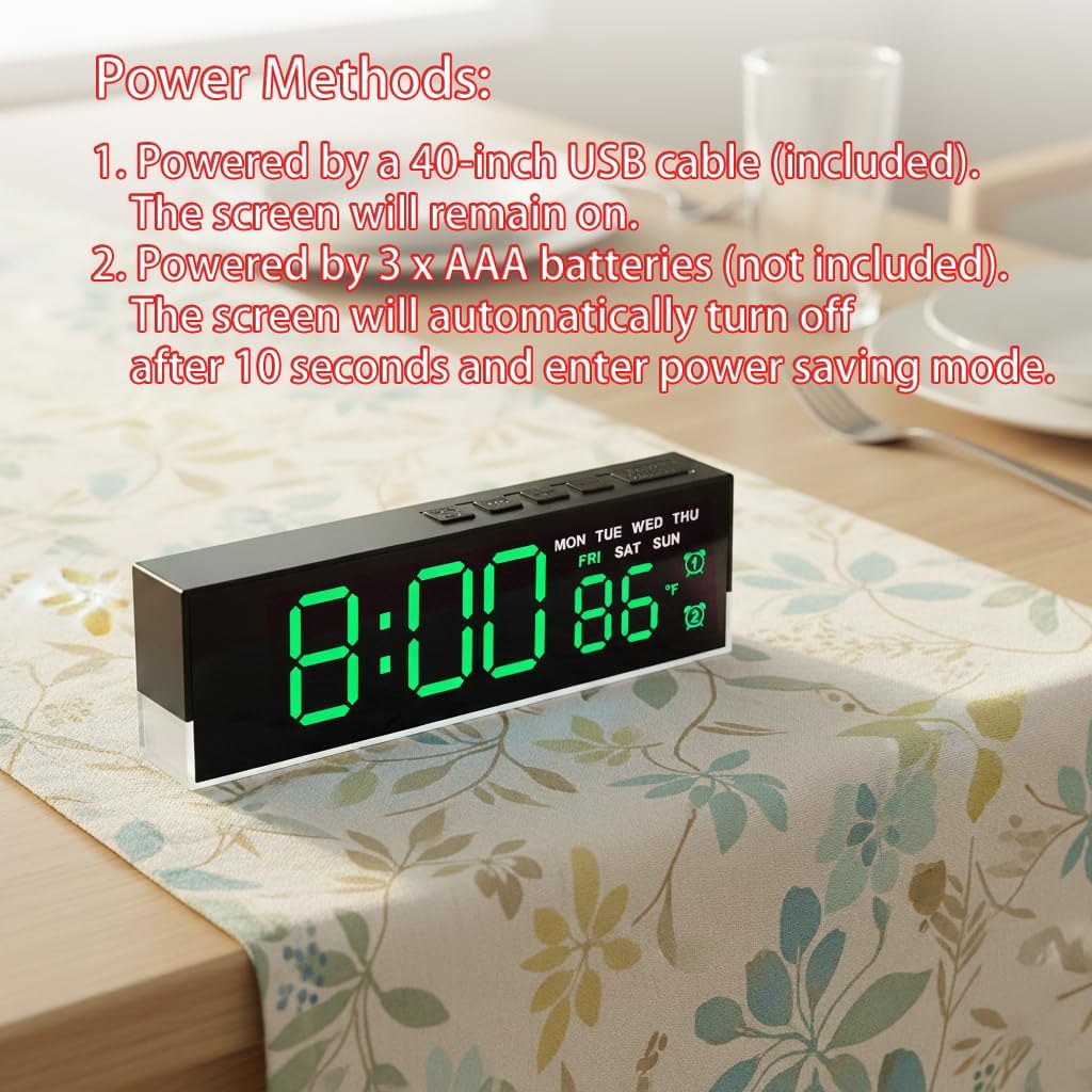7-Inch LED Digital Alarm Clock with Bottom Glow Light｜Displays Time, Date, Day, Temperature｜Dual Alarms, DST, Auto/Manual 3-Level Brightness, Battery or USB Powered Desk Clock,Blue