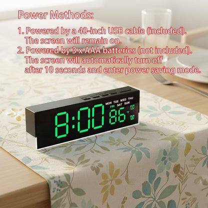 7-Inch LED Digital Alarm Clock with Bottom Glow Light｜Displays Time, Date, Day, Temperature｜Dual Alarms, DST, Auto/Manual 3-Level Brightness, Battery or USB Powered Desk Clock,Blue