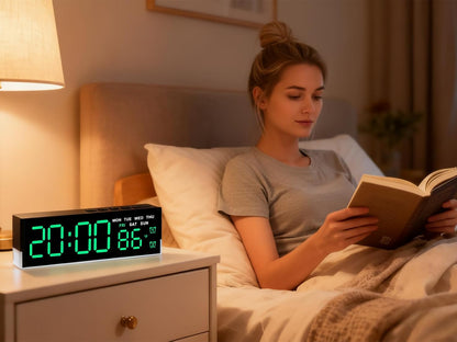 7-Inch LED Digital Alarm Clock with Bottom Glow Light｜Displays Time, Date, Day, Temperature｜Dual Alarms, DST, Auto/Manual 3-Level Brightness, Battery or USB Powered Desk Clock,Blue