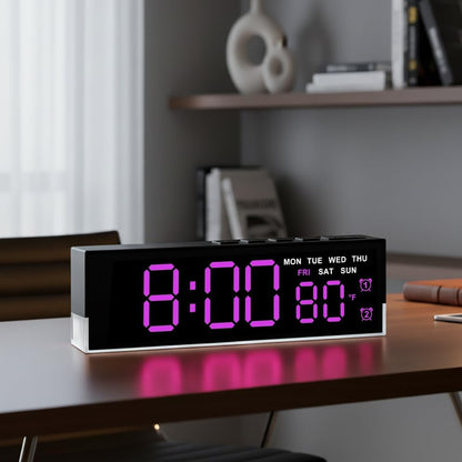 7-Inch LED Digital Alarm Clock with Bottom Glow Light｜Displays Time, Date, Day, Temperature｜Dual Alarms, DST, Auto/Manual 3-Level Brightness, Battery or USB Powered Desk Clock,Blue