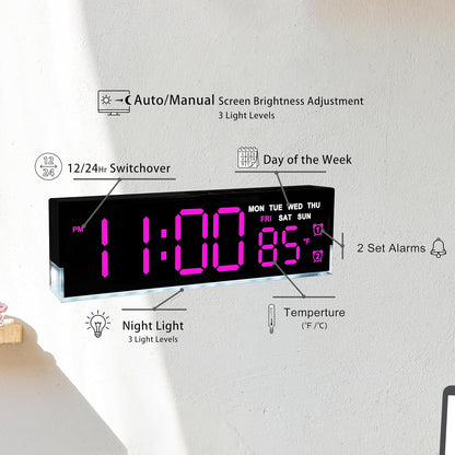 7-Inch LED Digital Alarm Clock with Bottom Glow Light｜Displays Time, Date, Day, Temperature｜Dual Alarms, DST, Auto/Manual 3-Level Brightness, Battery or USB Powered Desk Clock,Blue