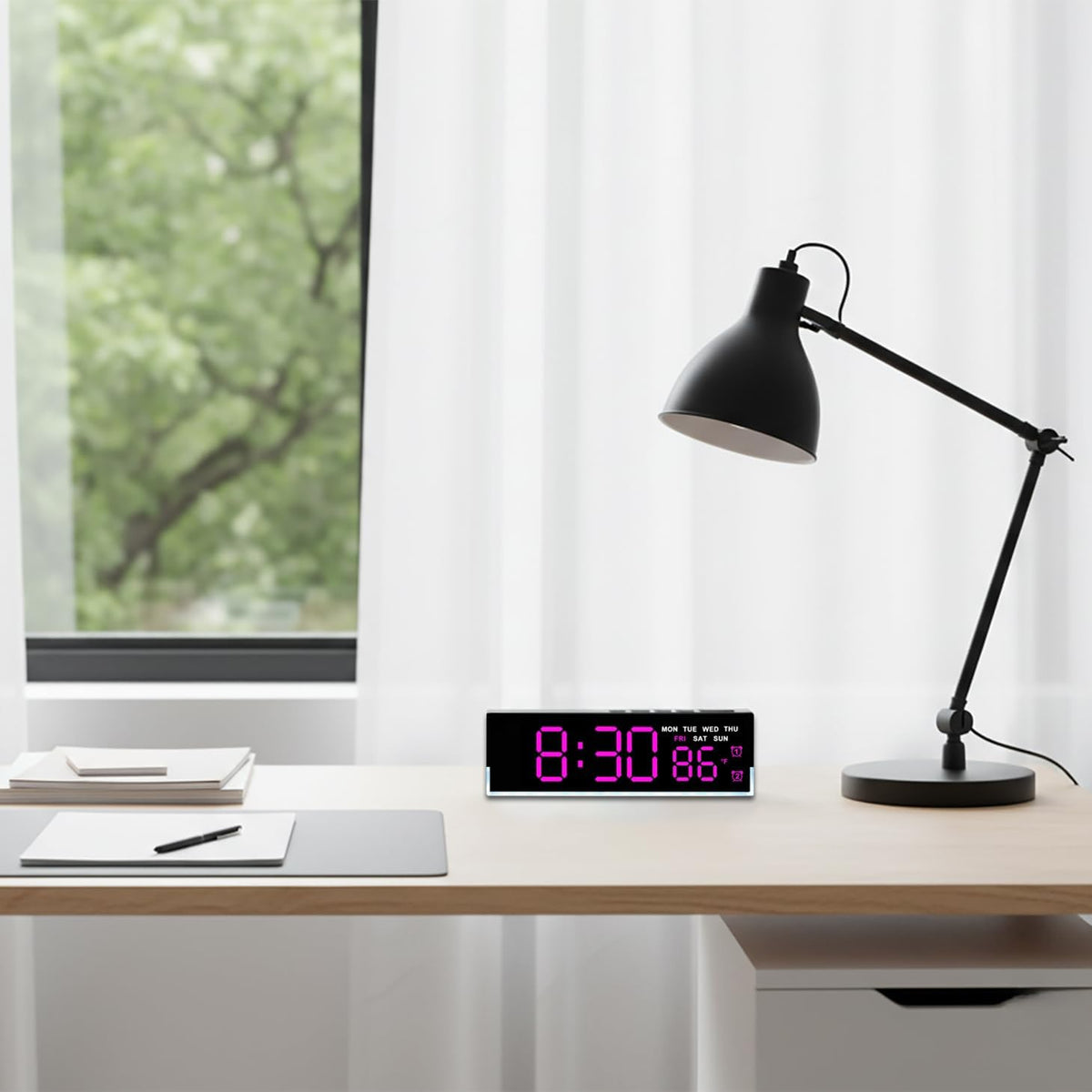 7-Inch LED Digital Alarm Clock with Bottom Glow Light｜Displays Time, Date, Day, Temperature｜Dual Alarms, DST, Auto/Manual 3-Level Brightness, Battery or USB Powered Desk Clock,Blue