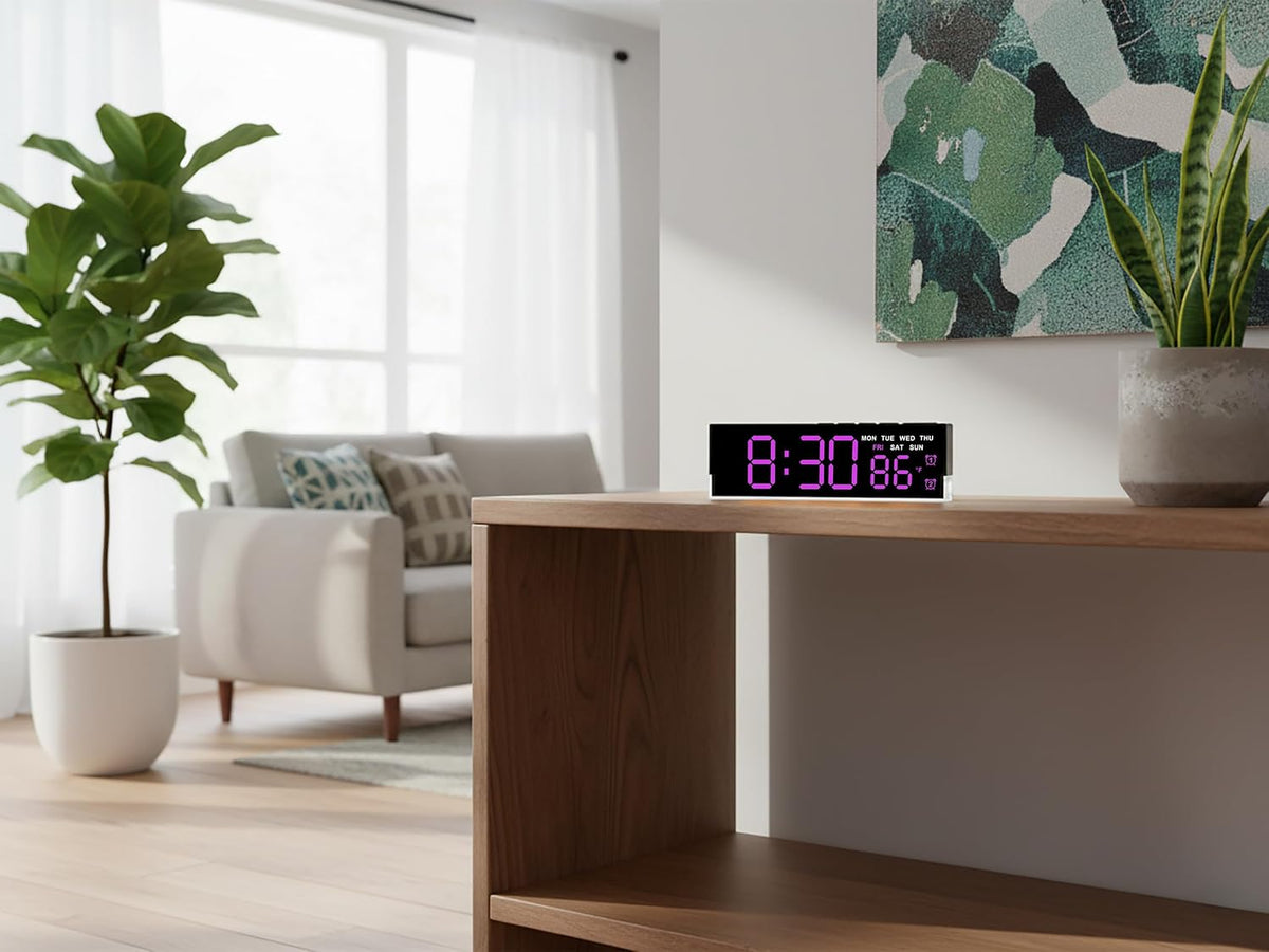7-Inch LED Digital Alarm Clock with Bottom Glow Light｜Displays Time, Date, Day, Temperature｜Dual Alarms, DST, Auto/Manual 3-Level Brightness, Battery or USB Powered Desk Clock,Blue