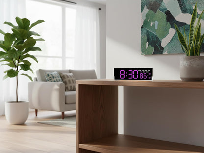 7-Inch LED Digital Alarm Clock with Bottom Glow Light｜Displays Time, Date, Day, Temperature｜Dual Alarms, DST, Auto/Manual 3-Level Brightness, Battery or USB Powered Desk Clock,Blue