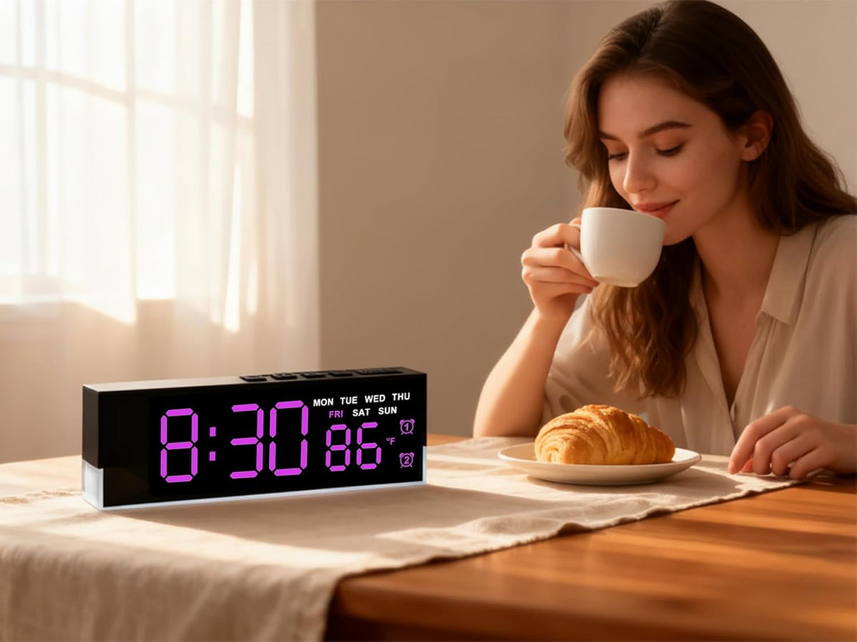 7-Inch LED Digital Alarm Clock with Bottom Glow Light｜Displays Time, Date, Day, Temperature｜Dual Alarms, DST, Auto/Manual 3-Level Brightness, Battery or USB Powered Desk Clock,Blue