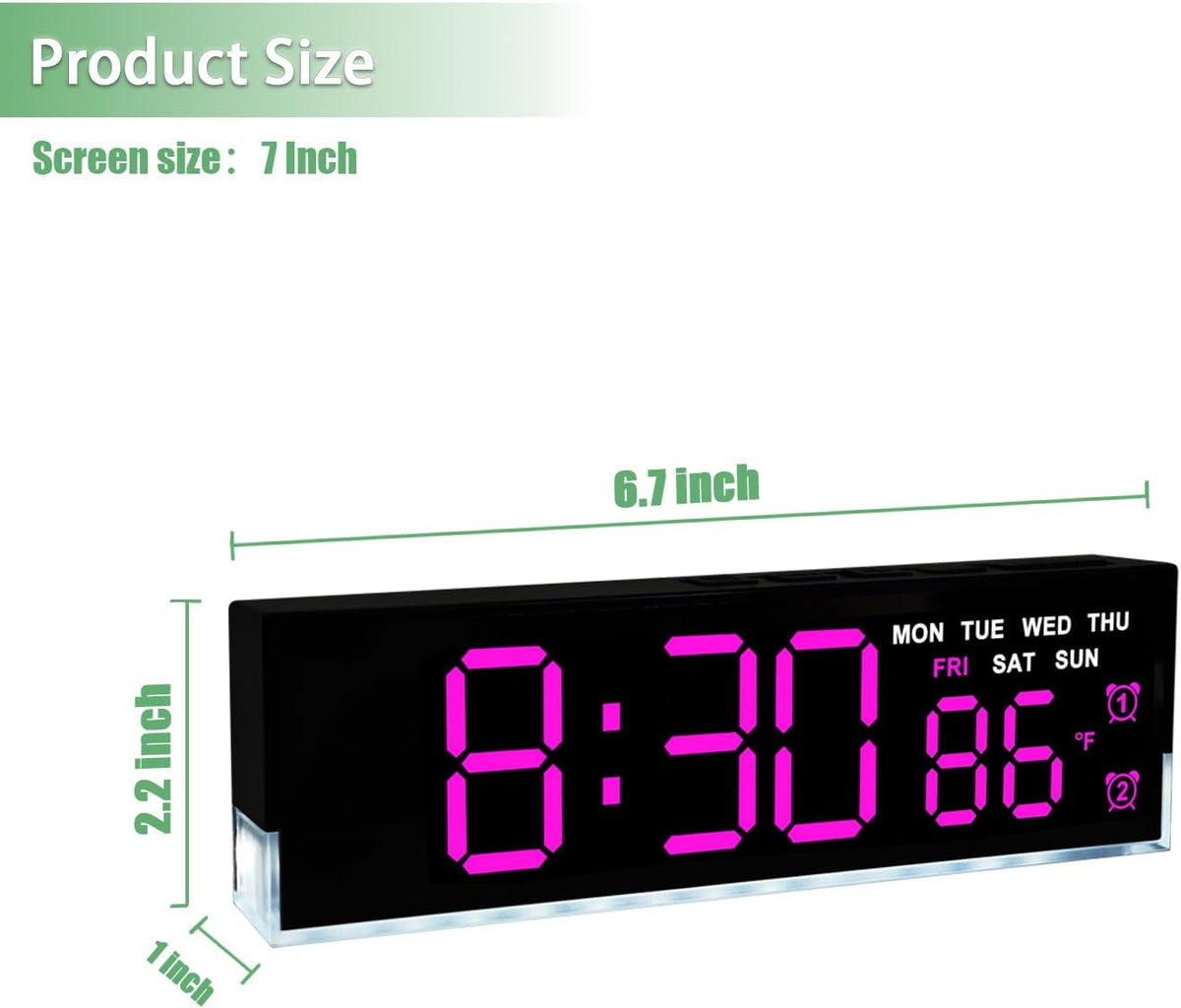 7-Inch LED Digital Alarm Clock with Bottom Glow Light｜Displays Time, Date, Day, Temperature｜Dual Alarms, DST, Auto/Manual 3-Level Brightness, Battery or USB Powered Desk Clock,Blue