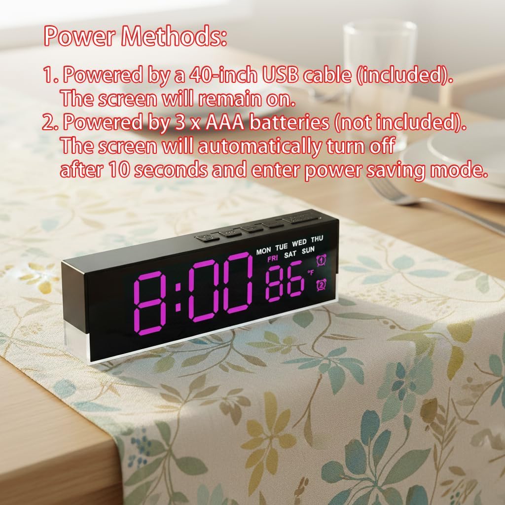 7-Inch LED Digital Alarm Clock with Bottom Glow Light｜Displays Time, Date, Day, Temperature｜Dual Alarms, DST, Auto/Manual 3-Level Brightness, Battery or USB Powered Desk Clock,Blue