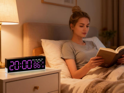 7-Inch LED Digital Alarm Clock with Bottom Glow Light｜Displays Time, Date, Day, Temperature｜Dual Alarms, DST, Auto/Manual 3-Level Brightness, Battery or USB Powered Desk Clock,Blue