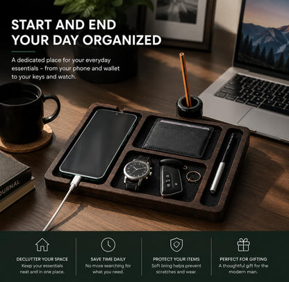 Desk Organizer Tray for Men with Ceramic Pen Holder, Wooden Valet Tray, Minimalist EDC Desk Organizer for Phone, Wallet, & Keys, Nightstand Bedside, Entryway, Birthday Gift for Him