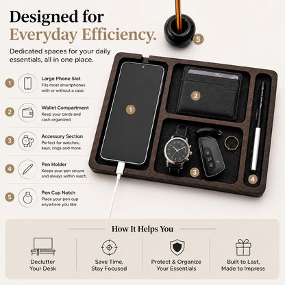 Desk Organizer Tray for Men with Ceramic Pen Holder, Wooden Valet Tray, Minimalist EDC Desk Organizer for Phone, Wallet, & Keys, Nightstand Bedside, Entryway, Birthday Gift for Him