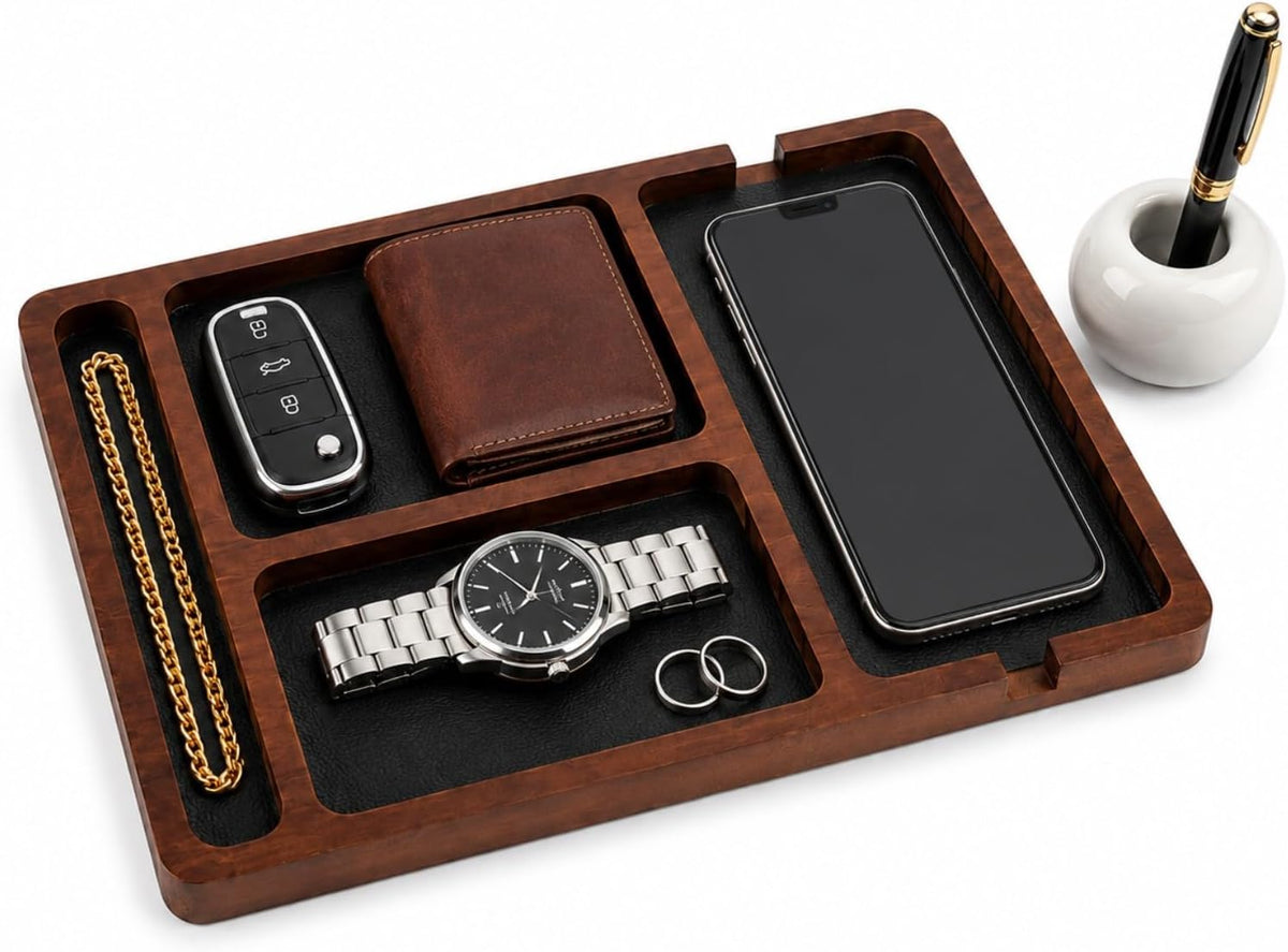 Desk Organizer Tray for Men with Ceramic Pen Holder, Wooden Valet Tray, Minimalist EDC Desk Organizer for Phone, Wallet, & Keys, Nightstand Bedside, Entryway, Birthday Gift for Him