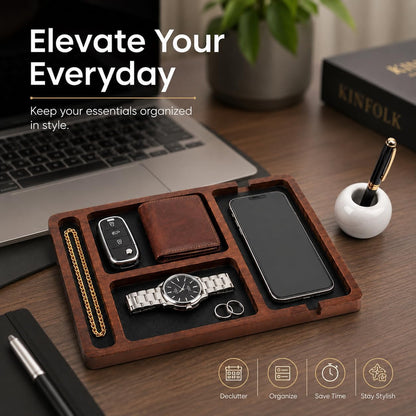 Desk Organizer Tray for Men with Ceramic Pen Holder, Wooden Valet Tray, Minimalist EDC Desk Organizer for Phone, Wallet, & Keys, Nightstand Bedside, Entryway, Birthday Gift for Him