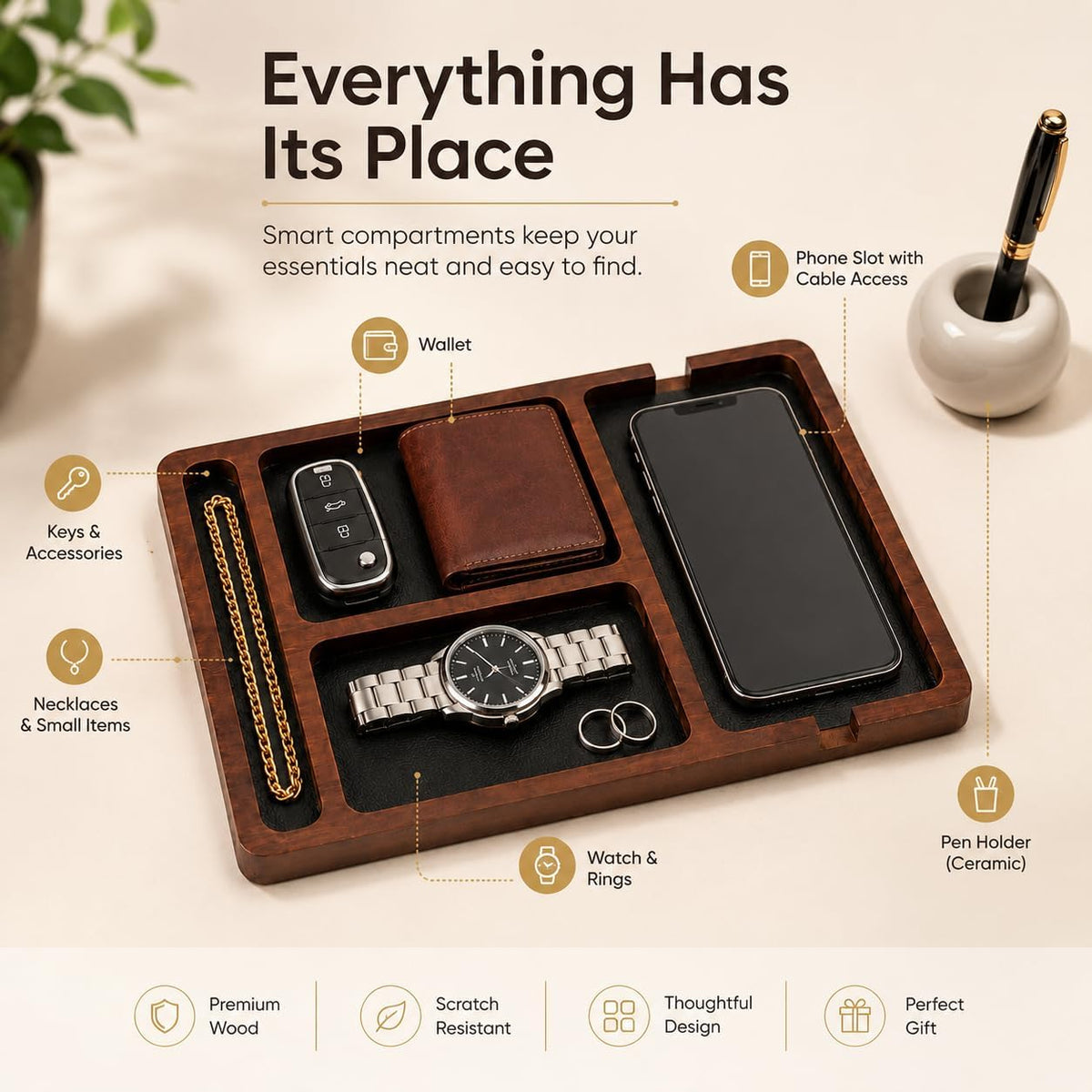 Desk Organizer Tray for Men with Ceramic Pen Holder, Wooden Valet Tray, Minimalist EDC Desk Organizer for Phone, Wallet, & Keys, Nightstand Bedside, Entryway, Birthday Gift for Him