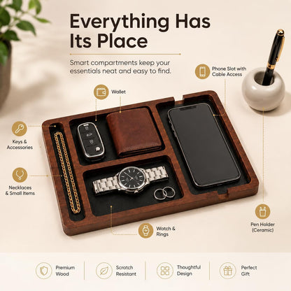 Desk Organizer Tray for Men with Ceramic Pen Holder, Wooden Valet Tray, Minimalist EDC Desk Organizer for Phone, Wallet, & Keys, Nightstand Bedside, Entryway, Birthday Gift for Him