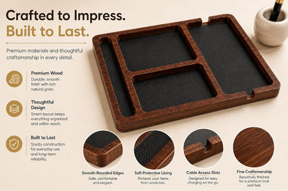 Desk Organizer Tray for Men with Ceramic Pen Holder, Wooden Valet Tray, Minimalist EDC Desk Organizer for Phone, Wallet, & Keys, Nightstand Bedside, Entryway, Birthday Gift for Him