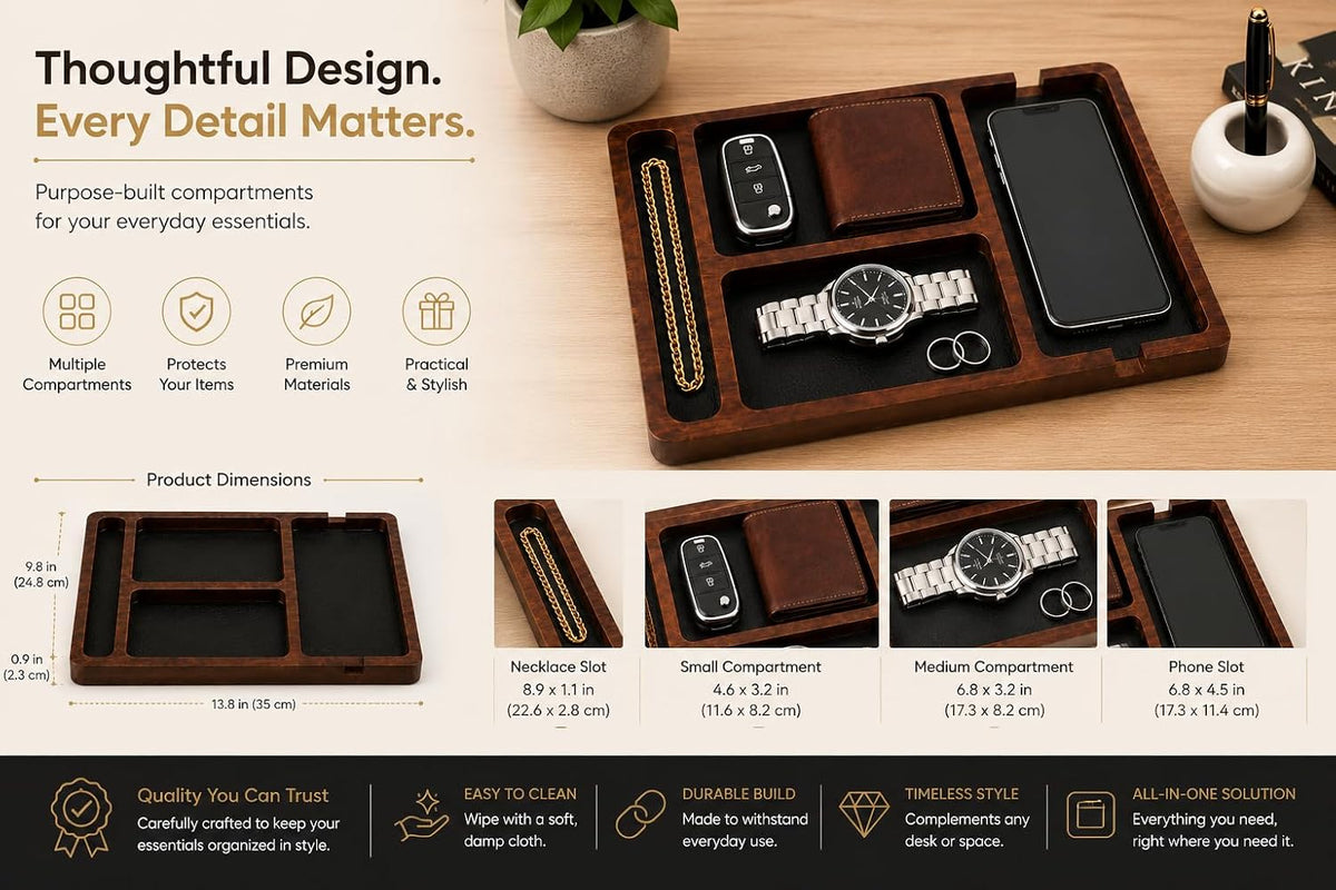 Desk Organizer Tray for Men with Ceramic Pen Holder, Wooden Valet Tray, Minimalist EDC Desk Organizer for Phone, Wallet, & Keys, Nightstand Bedside, Entryway, Birthday Gift for Him