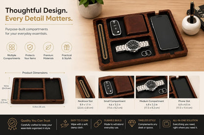 Desk Organizer Tray for Men with Ceramic Pen Holder, Wooden Valet Tray, Minimalist EDC Desk Organizer for Phone, Wallet, & Keys, Nightstand Bedside, Entryway, Birthday Gift for Him