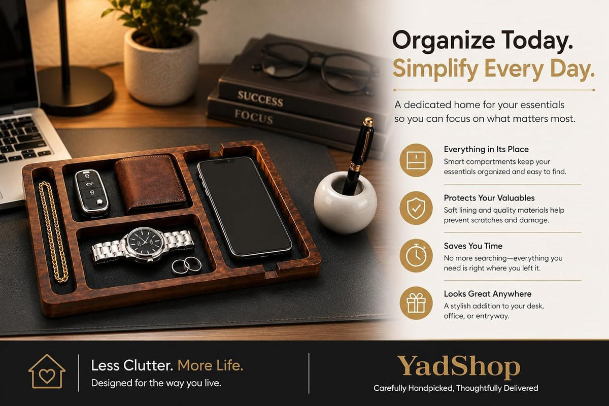 Desk Organizer Tray for Men with Ceramic Pen Holder, Wooden Valet Tray, Minimalist EDC Desk Organizer for Phone, Wallet, & Keys, Nightstand Bedside, Entryway, Birthday Gift for Him
