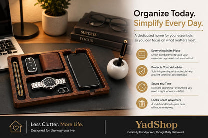 Desk Organizer Tray for Men with Ceramic Pen Holder, Wooden Valet Tray, Minimalist EDC Desk Organizer for Phone, Wallet, & Keys, Nightstand Bedside, Entryway, Birthday Gift for Him