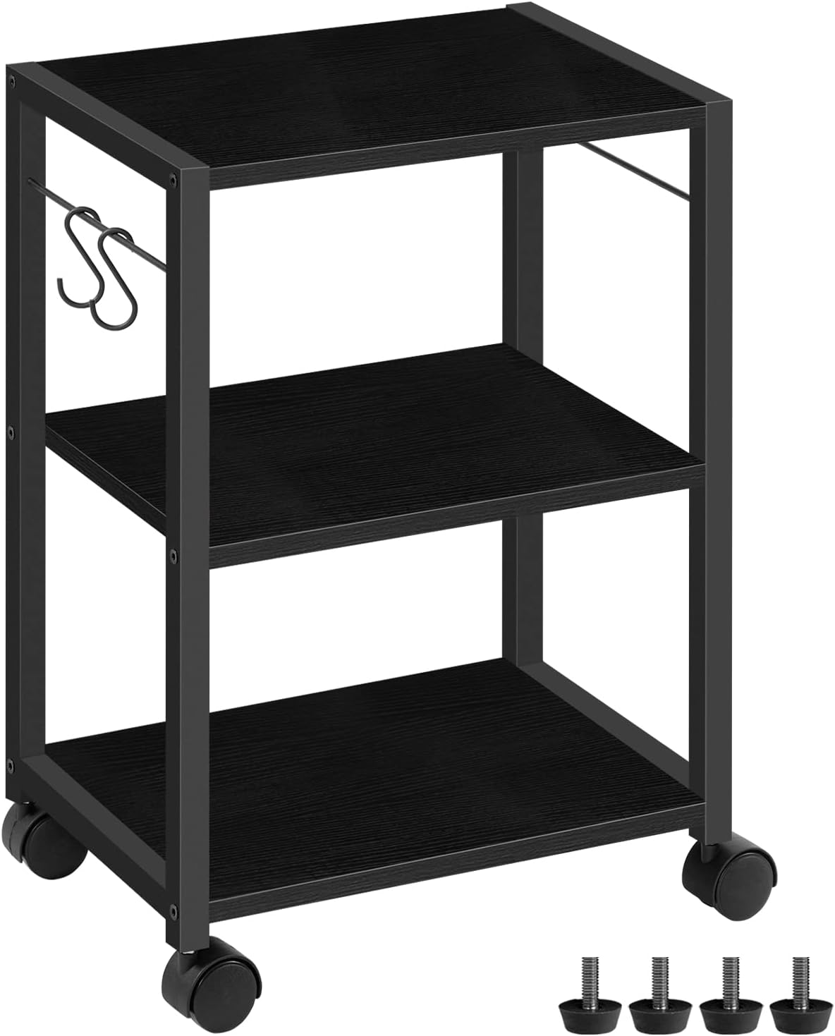 Printer Stand, 3-Tier Under Desk Rolling Cart with Storage Shelf, Heavy Duty Printer Table with Wheels for Home Office, Printer Shelf with 2 Hooks, for Small Spaces, Black PTHB4001V