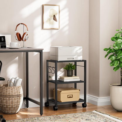Printer Stand, 3-Tier Under Desk Rolling Cart with Storage Shelf, Heavy Duty Printer Table with Wheels for Home Office, Printer Shelf with 2 Hooks, for Small Spaces, Black PTHB4001V