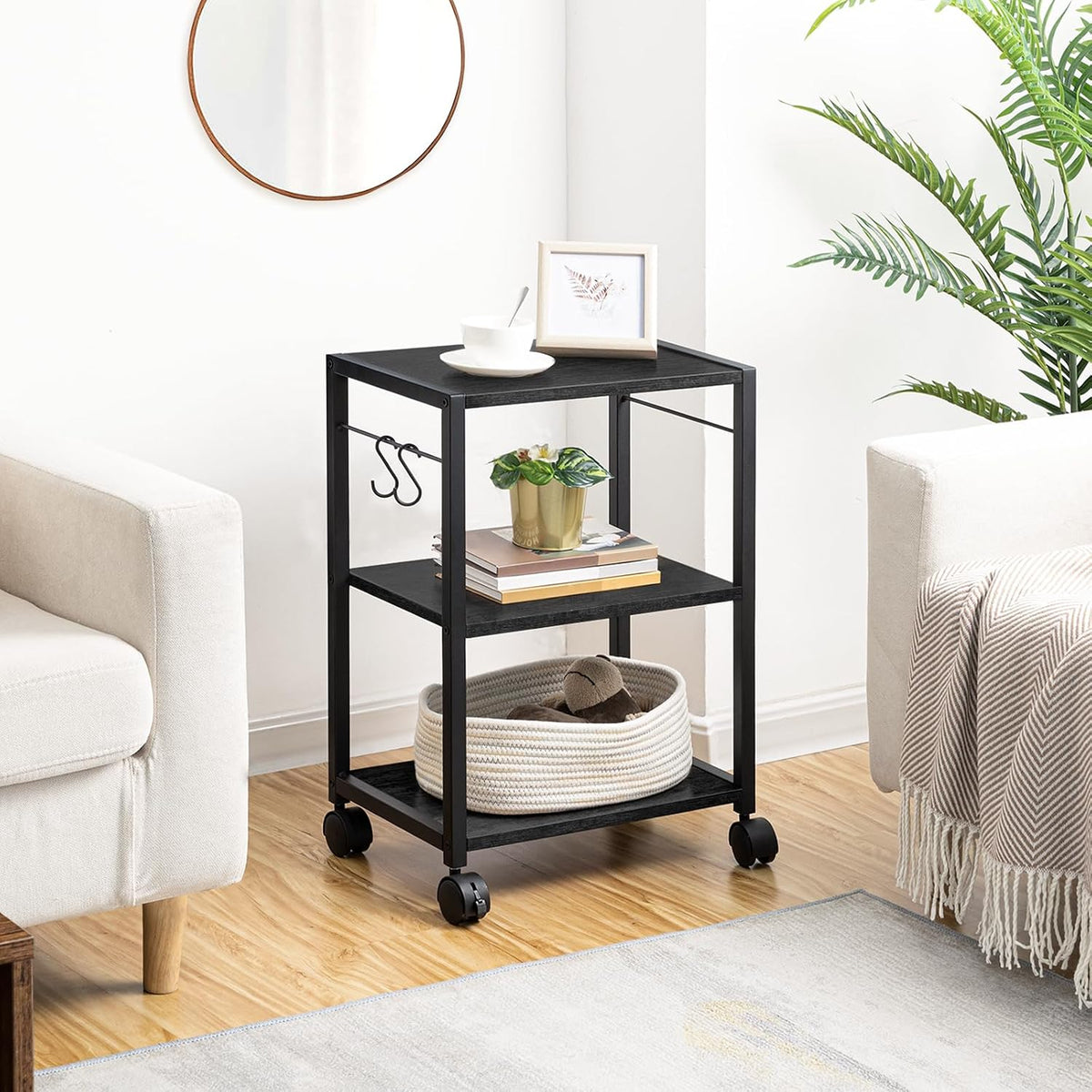 Printer Stand, 3-Tier Under Desk Rolling Cart with Storage Shelf, Heavy Duty Printer Table with Wheels for Home Office, Printer Shelf with 2 Hooks, for Small Spaces, Black PTHB4001V