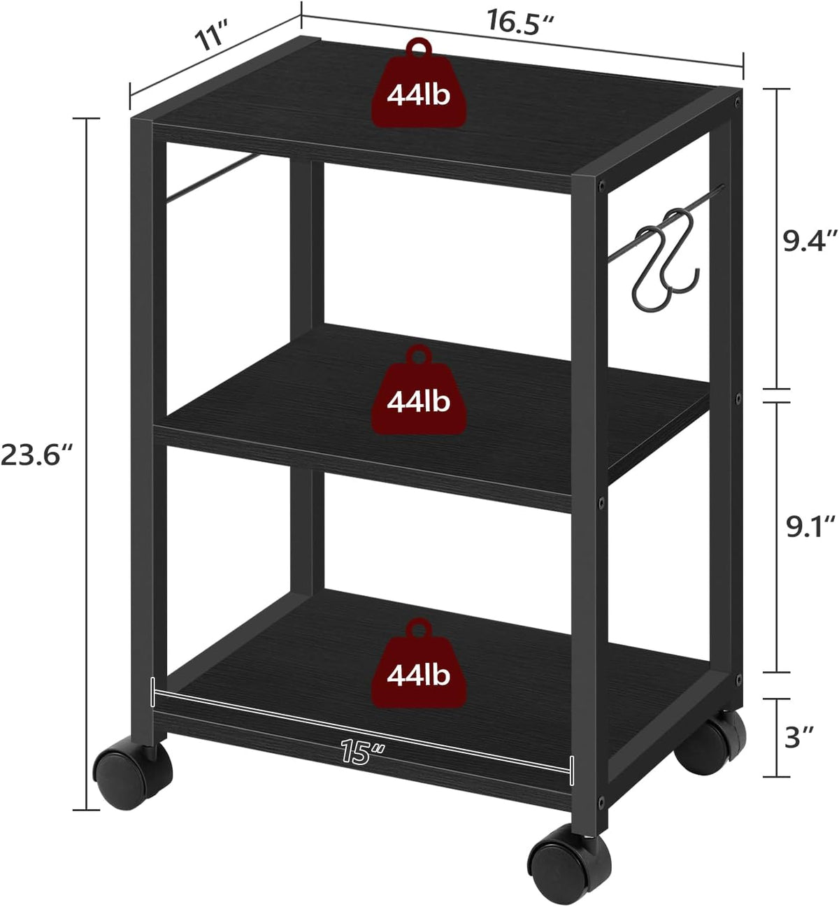 Printer Stand, 3-Tier Under Desk Rolling Cart with Storage Shelf, Heavy Duty Printer Table with Wheels for Home Office, Printer Shelf with 2 Hooks, for Small Spaces, Black PTHB4001V