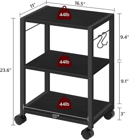 Printer Stand, 3-Tier Under Desk Rolling Cart with Storage Shelf, Heavy Duty Printer Table with Wheels for Home Office, Printer Shelf with 2 Hooks, for Small Spaces, Black PTHB4001V