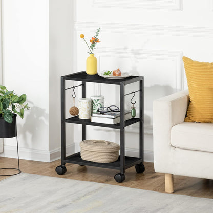 Printer Stand, 3-Tier Under Desk Rolling Cart with Storage Shelf, Heavy Duty Printer Table with Wheels for Home Office, Printer Shelf with 2 Hooks, for Small Spaces, Black PTHB4001V