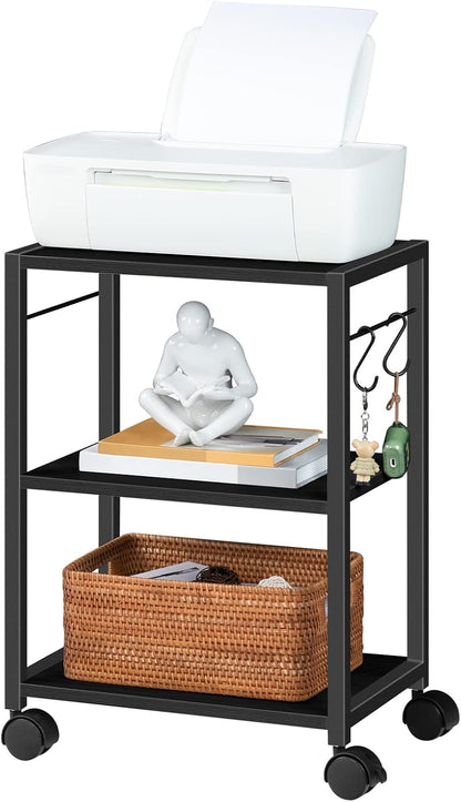 Printer Stand, 3-Tier Under Desk Rolling Cart with Storage Shelf, Heavy Duty Printer Table with Wheels for Home Office, Printer Shelf with 2 Hooks, for Small Spaces, Black PTHB4001V