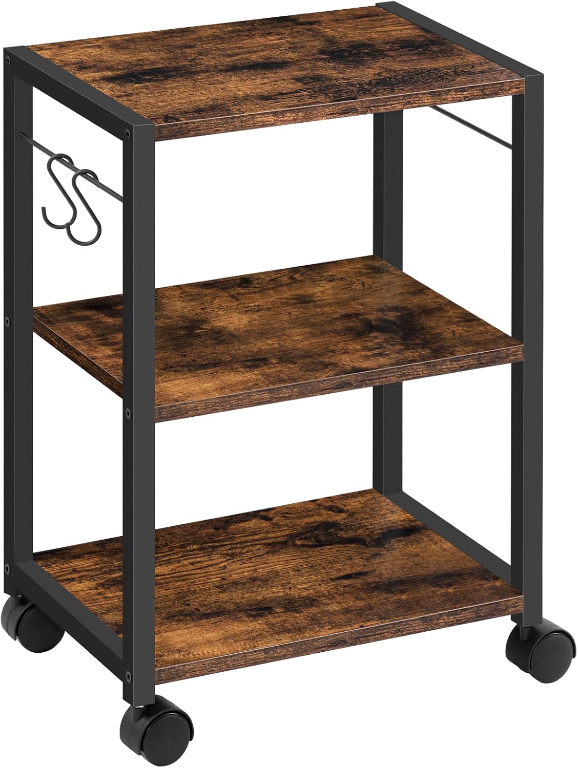 Printer Stand, 3-Tier Under Desk Rolling Cart with Storage Shelf, Heavy Duty Printer Table with Wheels for Home Office, Printer Shelf with 2 Hooks, for Small Spaces, Black PTHB4001V