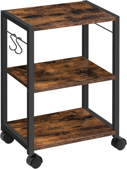 Printer Stand, 3-Tier Under Desk Rolling Cart with Storage Shelf, Heavy Duty Printer Table with Wheels for Home Office, Printer Shelf with 2 Hooks, for Small Spaces, Black PTHB4001V