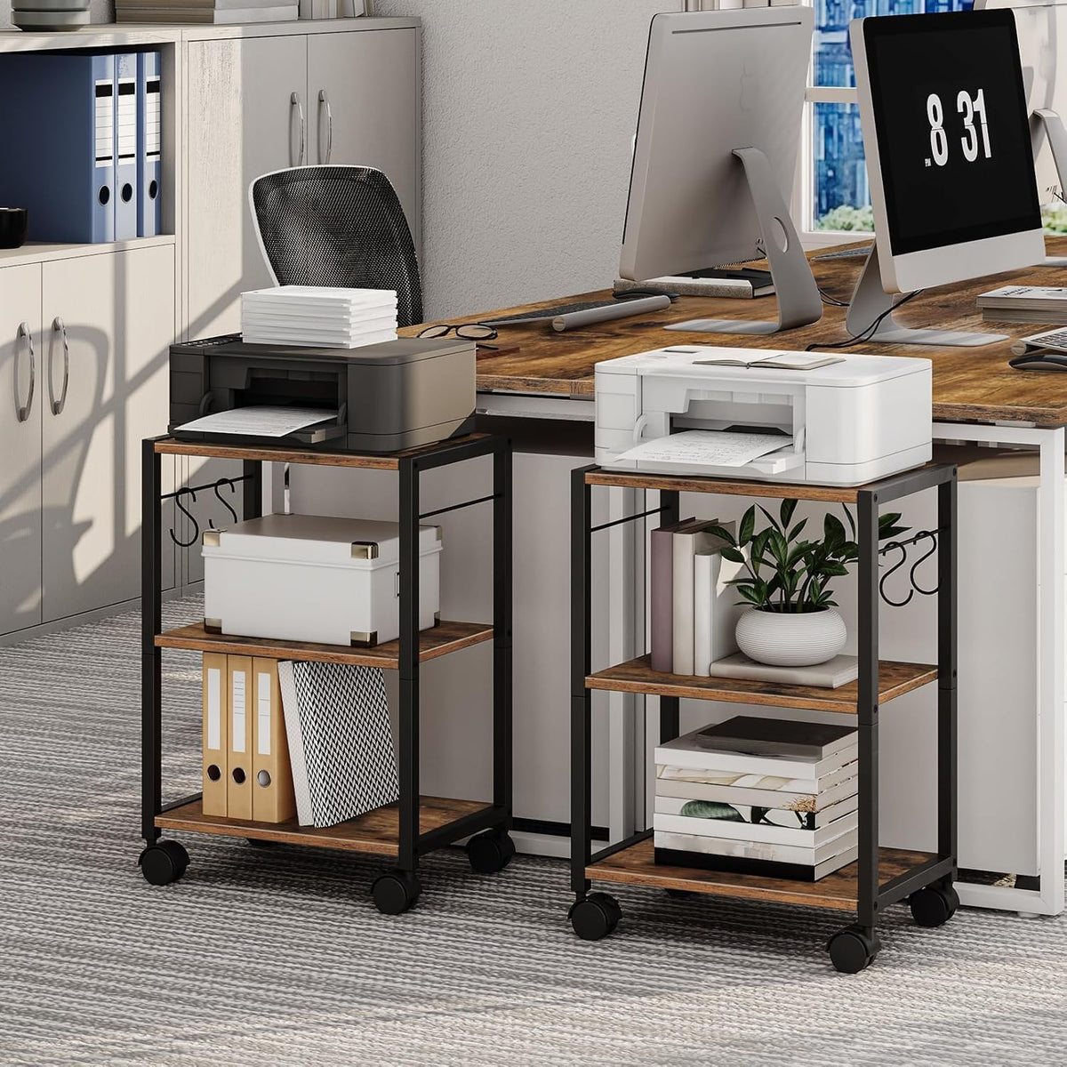 Printer Stand, 3-Tier Under Desk Rolling Cart with Storage Shelf, Heavy Duty Printer Table with Wheels for Home Office, Printer Shelf with 2 Hooks, for Small Spaces, Black PTHB4001V